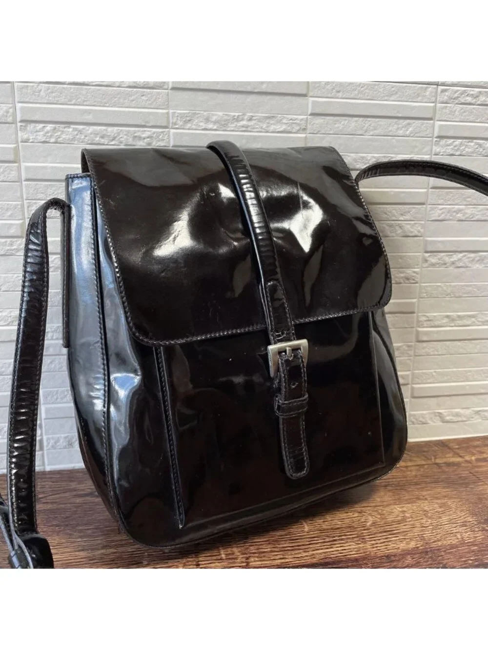 Prada Logo Enamel Patent Leather Shoulder Bag Dark Brown